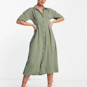 ASOS DESIGN Button Up Waist Midi Shirt Dress (NWT) – Soft Khaki Green, Size 8